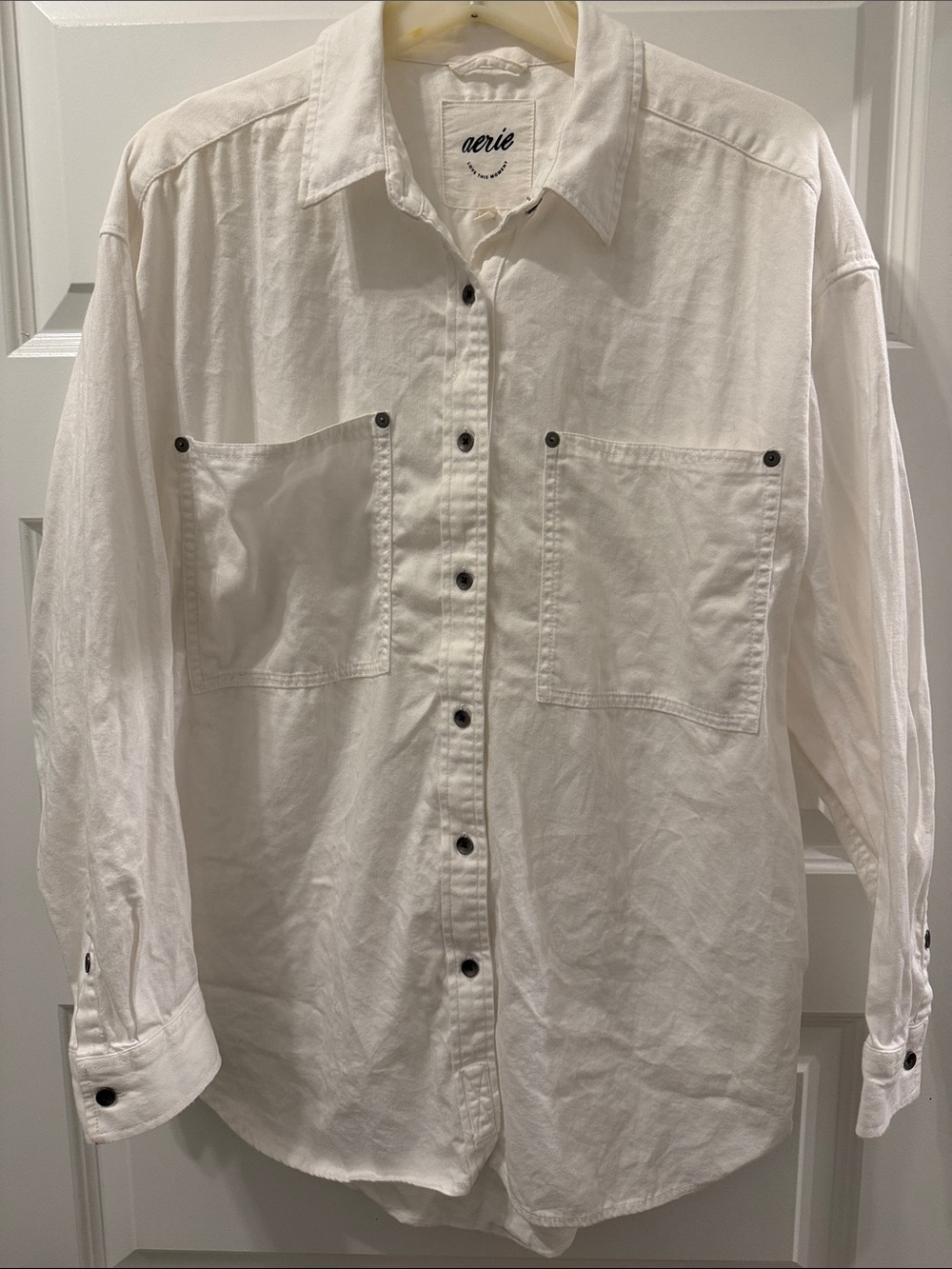 aerie White Oversized Button-Down Shirt with Front Pockets